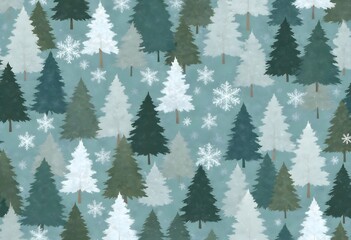 Fototapeta premium Seamless winter pine trees pattern with snowflakes on dark background, Christmas concept, winter background