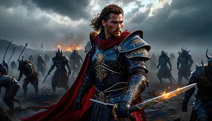 A knight in ornate armor stands confidently with a sword. The scene captures a medieval battle atmosphere with dark clouds and a sense of impending conflict.