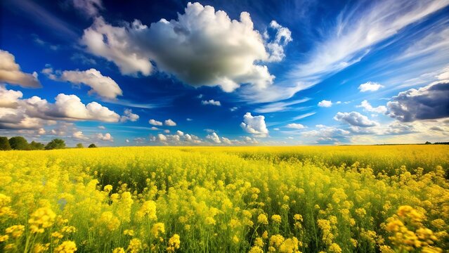 A Sun-Drenched Meadow with Yellow Flowers and a Blue Sky  AI generated