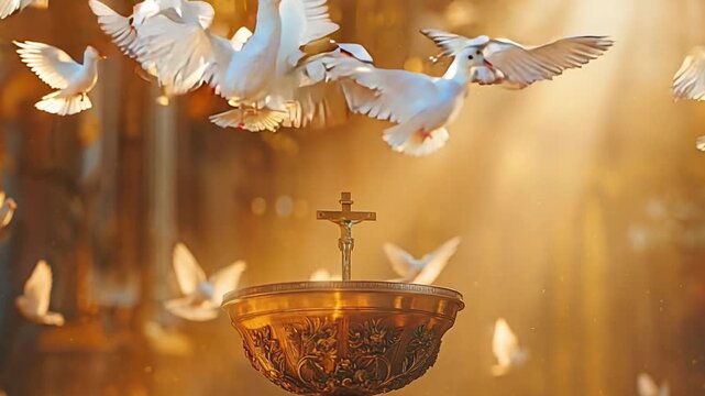 Chalice with cross at altar surrounded by doves in flight. Concept for the Holy Eucharist.