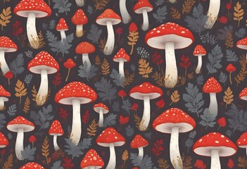 Seamless autumn mushroom pattern with colorful leaves on dark background