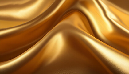 Luxurious Waves of Golden Satin. Close-up of Smooth, Glimmering Fabric Draped in Fluid, Undulating Patterns with a Rich Warm Glow