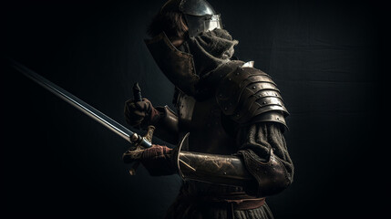 Obraz premium Photography of a medieval knight in the style of Caravaggio's chiaroscuro light. Renaissance theme and composition against a dark background and a chiaroscuro color scheme, studio photography, 