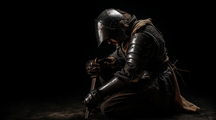 Naklejka premium Photography of a medieval knight in the style of Caravaggio's chiaroscuro light. Renaissance theme and composition against a dark background and a chiaroscuro color scheme, studio photography, 