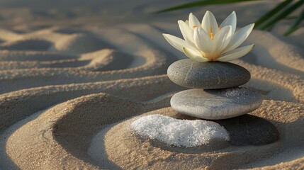 Zen Garden with White Flower and Stacked Stones