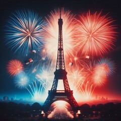 Eiffel tower with fireworks at night in Paris, France. The Eiffel tower is the most visited touristic attraction in France
