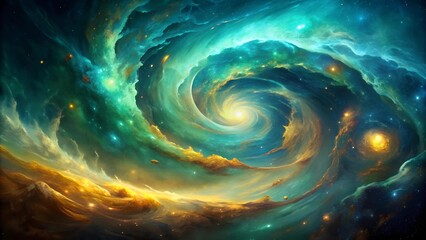 Celestial Swirls: A Cosmic Tapestry of Blue, Green, and Gold  Generative AI