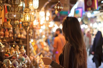 Young woman exploring lamp market