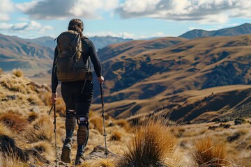 Solo traveler with prosthetic leg hiking in mountain landscape