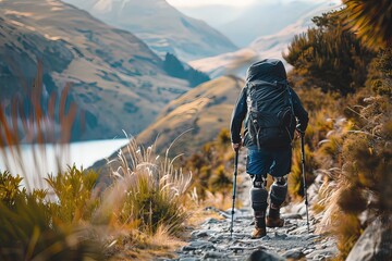 Hiker with prosthetic leg trekking through scenic mountain terrain