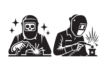 Skull Heads in Welding Helmets and Goggles Illustration Set in Black and White.