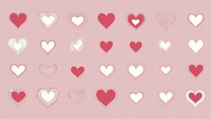 Various heart shapes in red and white on a pink background for design inspiration