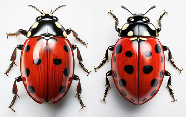 Fototapeta premium A ladybug with black spots on a white background.