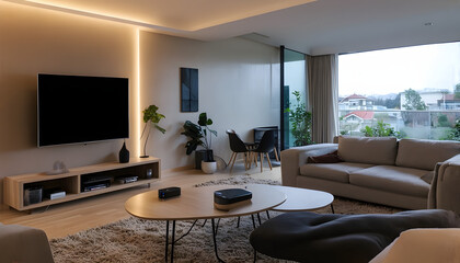 Modern Living Room with a Cozy Ambiance and Panoramic View