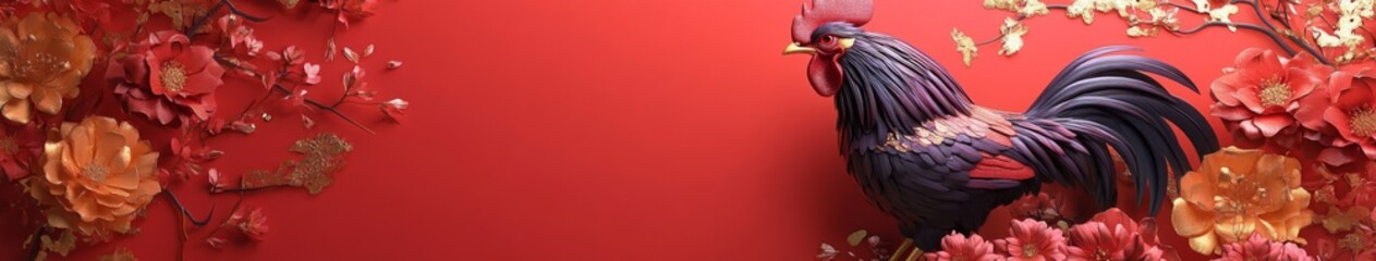 Chinese Zodiac Wise Purple Rooster in 3D Illustration, Set Against a Floral and Chinese-Style Background, Encircled with Gold Foil and Crimson Gradient for a Festive Chinese New Year Celebration.