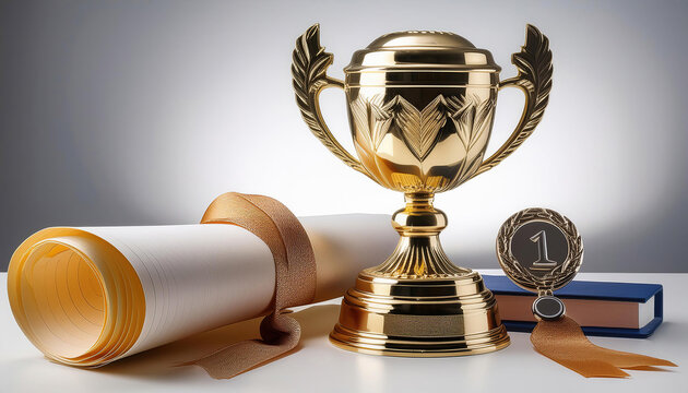 Composition of a winner's cup, a rolled certificate, and a medal on a white background. Emphasize the elegance and significance of achievement