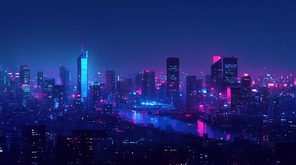 Obraz premium A Neon Cityscape Under a Deep Blue Sky