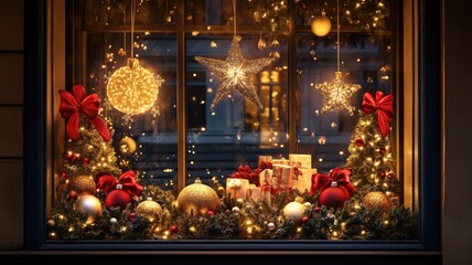 Warm and festive Christmas window display featuring lights, ornaments, and wrapped gifts, radiating holiday cheer.