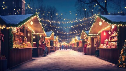 A bustling Christmas market at night, illuminated by festive lights, with decorated stalls and people enjoying the holiday atmosphere...Keywords: