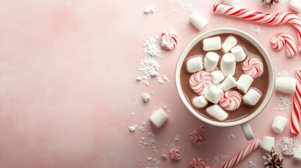 A cozy cup of hot chocolate topped with marshmallows and candy canes on a soft pink background.