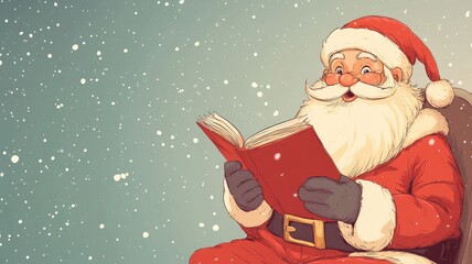 Santa Claus reading a book amidst falling snow, radiating warmth and holiday cheer.