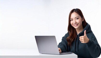 ノートパソコンを使っている若いアジア人の女性がいいねをしてる。（A young Asian woman using a laptop gives a thumbs up.）
