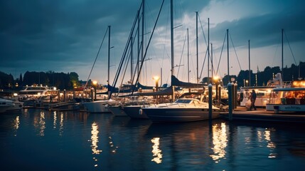 Fototapeta premium Yachts, sailboats docked in a peaceful marina at dusk with reflections of lights on the water, ideal for travel, leisure, or lifestyle content,