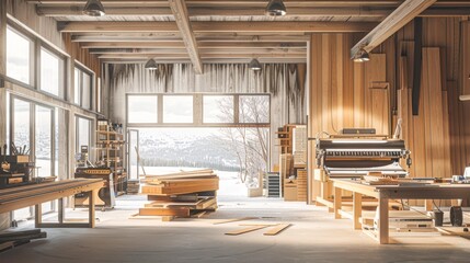A spacious, light-filled woodworking workshop with wooden beams, tools, and materials ready for projects, set against a snowy outdoor backdrop, Ideal for themes of craftsmanship, woodworking
