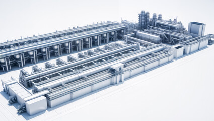 Fototapeta premium Detailed 3D blueprint visualization of an industrial facility. For engineering presentations, architectural proposals, or industrial design concepts in manufacturing and construction sectors.