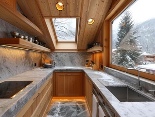 Cozy alpine kitchen with marble countertops, wooden cabinets, and large windows showcasing a snowy landscape ideal for articles on winter cabin getaways, interior design, or holiday cooking,