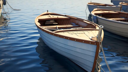 Obraz premium Wooden rowing boat floating on calm water, reflecting a serene and peaceful atmosphere perfect for themes related to boating, nature, summer, relaxation, vacations, and outdoor activities,