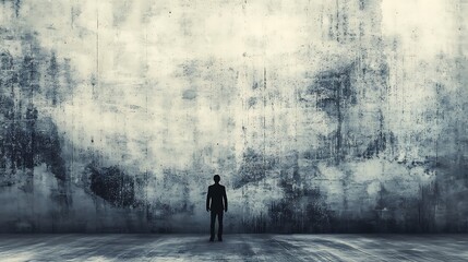 A solitary figure silhouetted against a textured wall