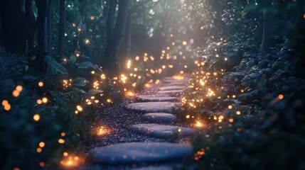 Naklejka premium An enchanted ink drop shapes into a glowing enchanted path, its stones and foliage illuminated by a soft, magical glow.