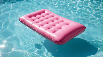 Bright pink inflatable air mattress floats on the surface of a sparkling swimming pool on a warm summer day