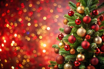 Christmas baubles hanging in a spiffy way on lush green branches of a fresh fir tree, with gold bokeh lights in the background
