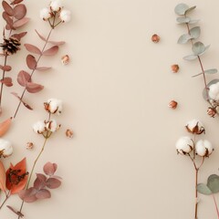 Autumn Floral Arrangement With Cotton and Eucalyptus on Neutral Background