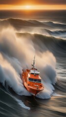 Fototapeta premium Orange RIB boat navigates through rough waves at sunset.