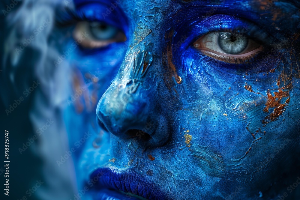 Sticker closeup of a person with striking blue body paint, showcasing detailed texture and expressive eyes