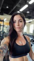 Fototapeta premium Confident woman in chic workout attire joyfully snaps gym selfie, inspiring others to embrace a healthy, active lifestyle. Portrait embodies the spirit of fitness and well being