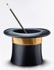  illustration of a Cylinder magic hat with golden ribbon and fairytale wand. Vintage man fashion and magic show concept. Vector art isolated on white background