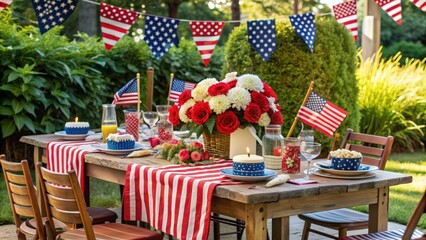 Obraz premium Patriotic Table Setting with American Flags and Flowers