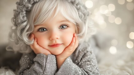 Fototapeta premium Baby fashion model in a cute gray wig outfit