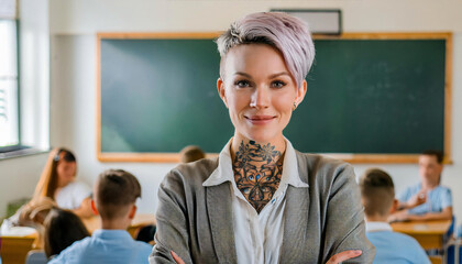 A young female teacher with short hair stands confidently in front of a classroom