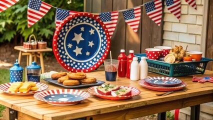 Naklejka premium Patriotic Table Setting with Food and Decor for a Summer Picnic