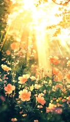 Obraz premium Luminous Gerbera Daisy Garden Radiating Warmth under a Golden Sky: Anime-Style Abstract Art for Game and Storybook Illustrations in 4K Wallpaper.