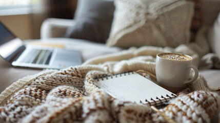 Close-up of a cozy workspace setup with a laptop, planner, and coffee, emphasizing comfort and productivity