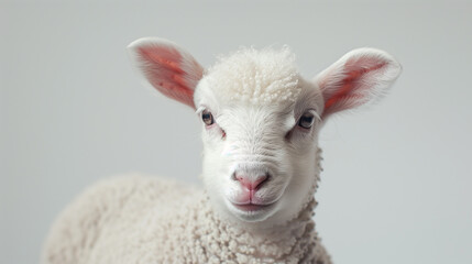Fototapeta premium Portrait of fluffy white lamb on light backgdrop
