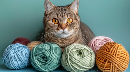 Portrait of cute yellow-eyed cat with colorful yarn balls on a bright teal background