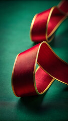 Red Christmas Ribbon with Golden Edges on Green Background