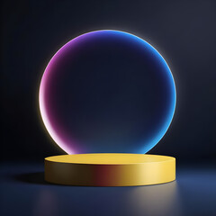 A round podium with a red circle on it is lit up for mock up